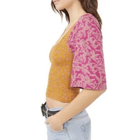 Free People Marigold Smocked Crop Top Golden Combo NWT XS - Picture 4 of 11